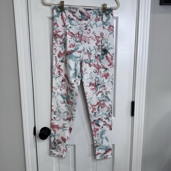 Freely Pants - Freely Floral Leggings Womens Medium Pink Blue High Rise Yoga Pants Pockets